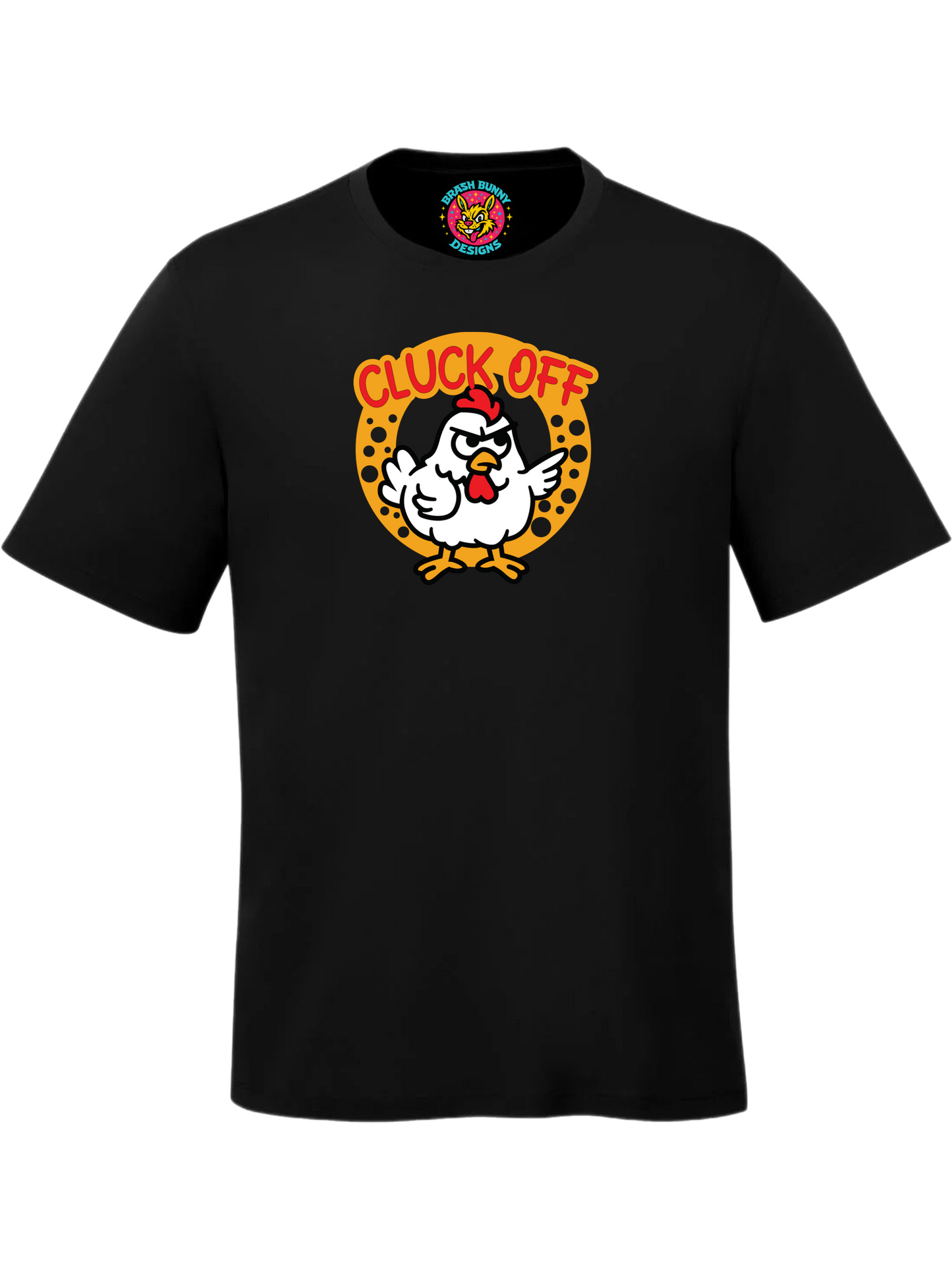 Black t-shirt featuring a bold “Cluck Off” graphic with an angry cartoon chicken inside a yellow circular design, printed on the front chest.